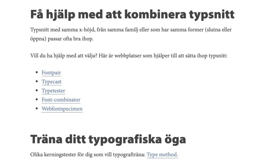 Skärmdump av resurssida med länkar