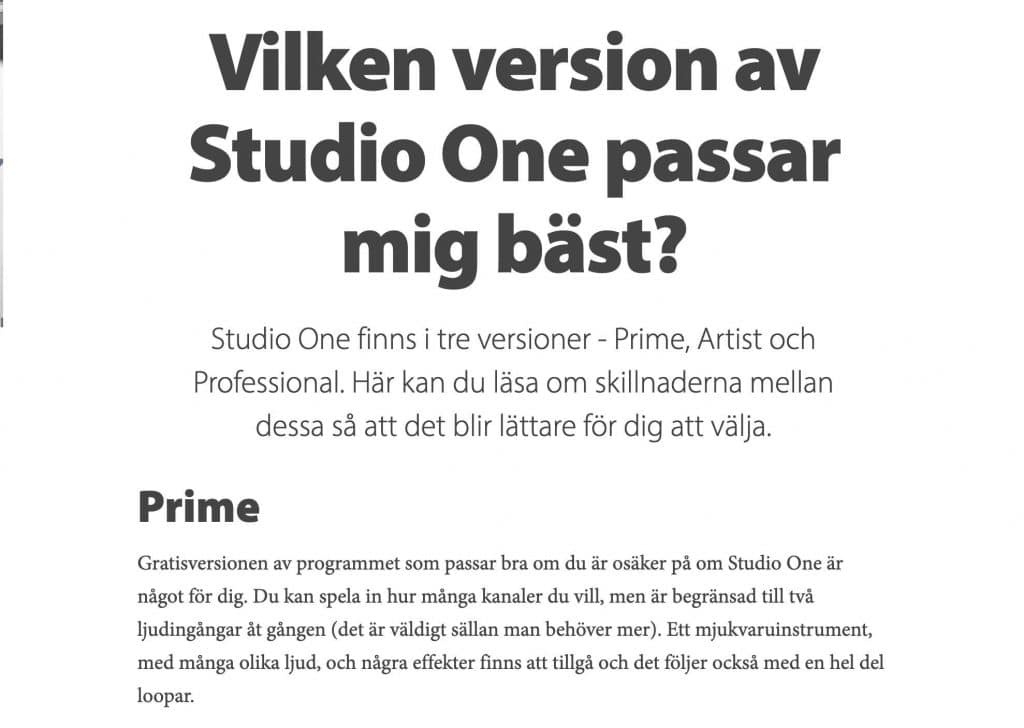Skärmdump av resurssida: Vilken version av Studio One passar mig bäst?