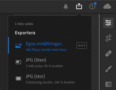 Exportera bilder för print i Lightroom, egna inställningar.