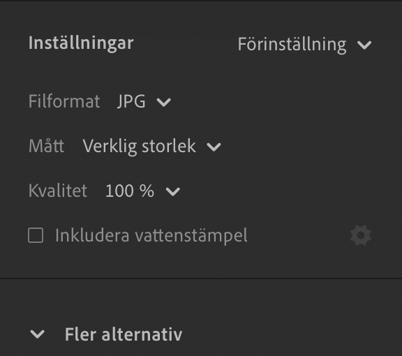 Exportera bilder för tryck med Lightroom, inställningar.