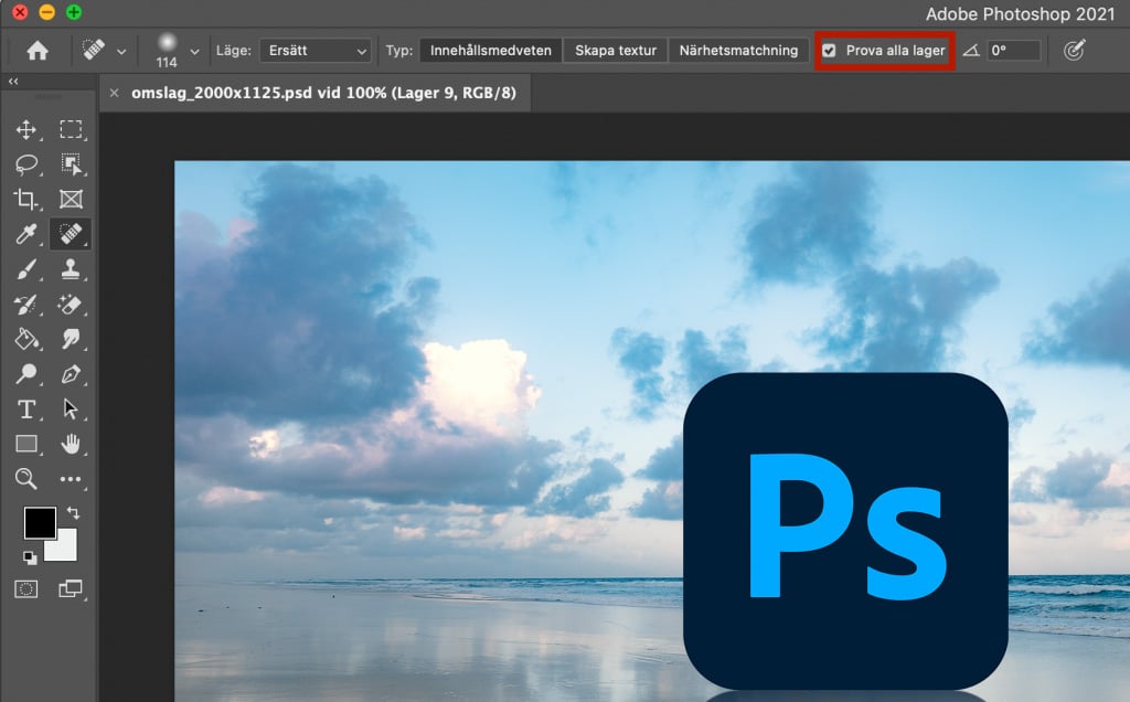 Photoshops lagningspenslar med Prova alla lager ibockad