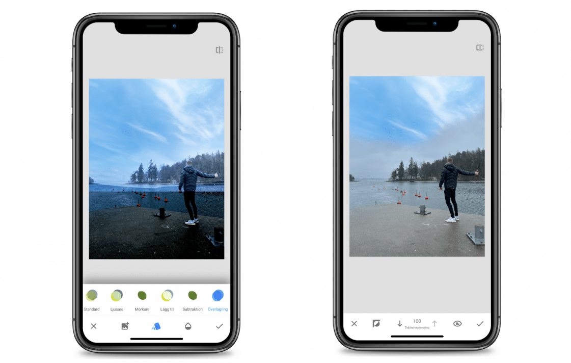 Två skärmdumpar från gratisappen Snapseed med himlen över bilden och när den nya himlen målas fram
