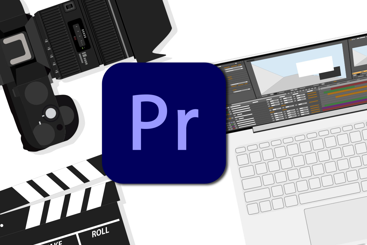 Premiere Pro-logga mot en bakgrund med en dator och kamera.